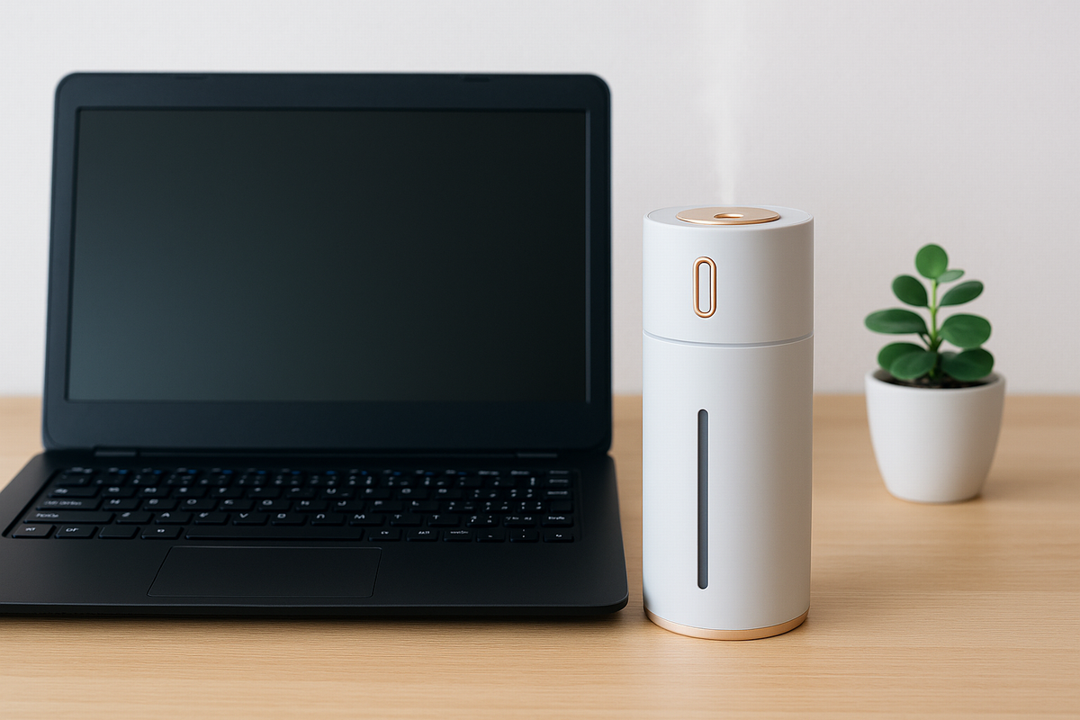 ノートパソコンの横に置かれた卓上加湿器と観葉植物のデスク構図（乾燥対策レビュー用）